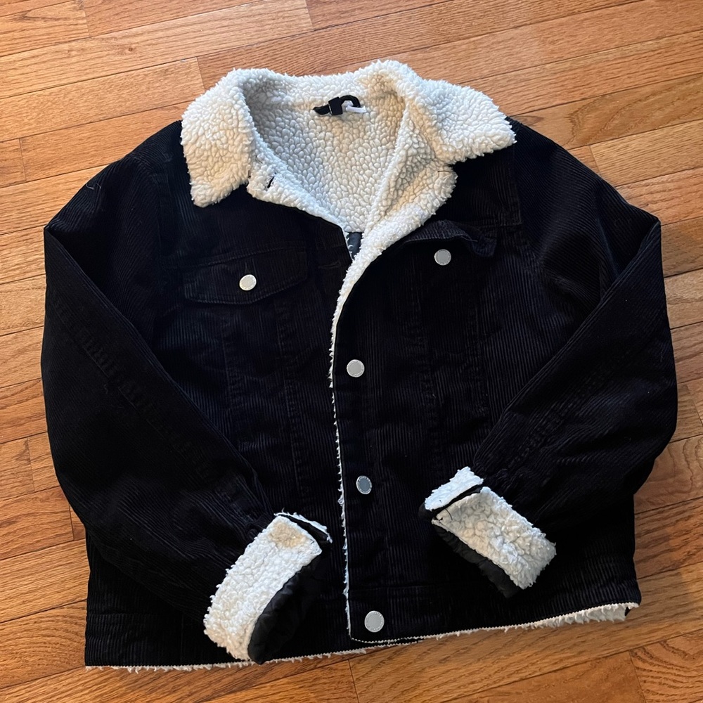 Super cute, black,corduroy jacket with sherpa cuffs